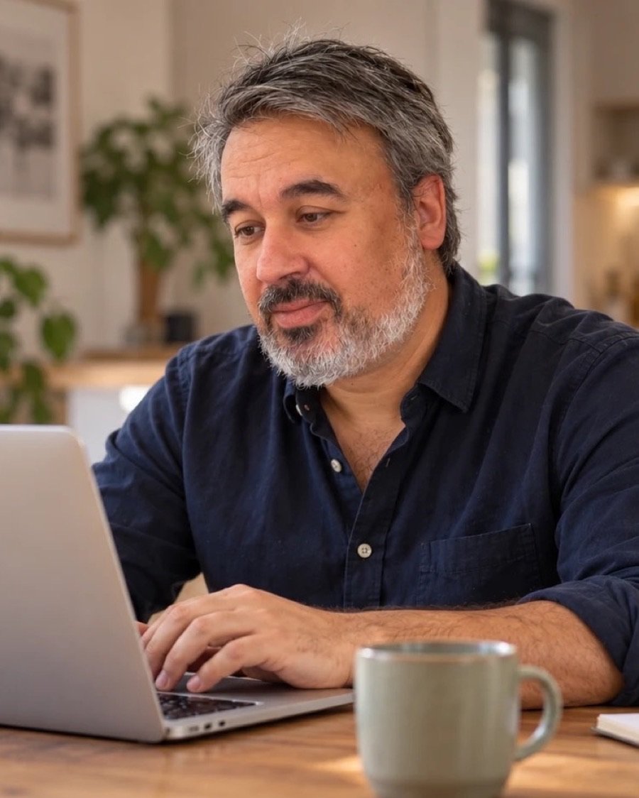 Sebastien Caldera, assis à sa table de travail devant un ordinateur portable